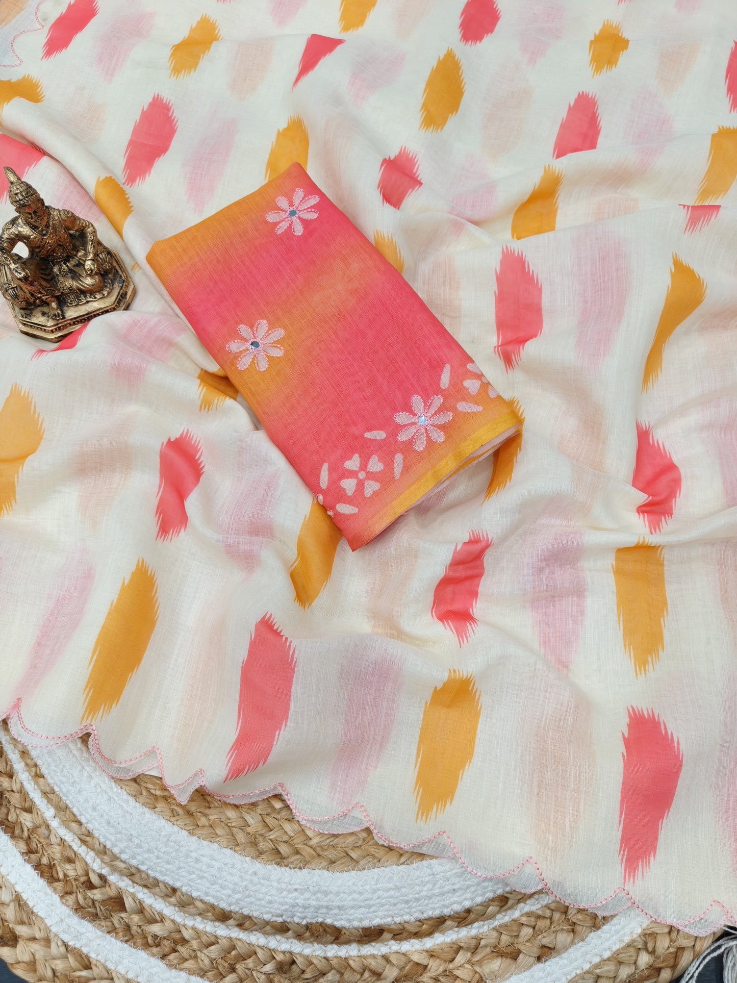 Heavy soft linen saree with arco work in blouse