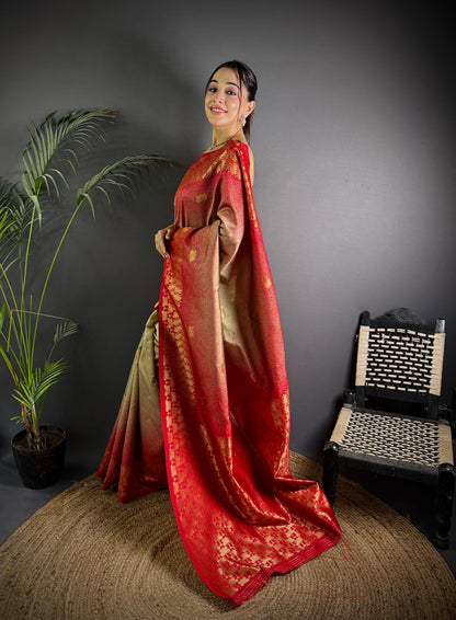 Handloom IKKAT SILK Weaving Saree With GOLD ZARI Pallu N GOLD ZARI