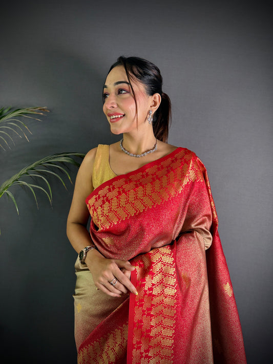 Handloom IKKAT SILK Weaving Saree With GOLD ZARI Pallu N GOLD ZARI