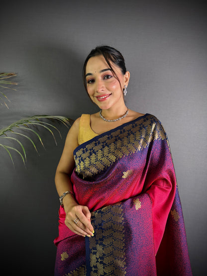 Handloom IKKAT SILK Weaving Saree With GOLD ZARI Pallu N GOLD ZARI