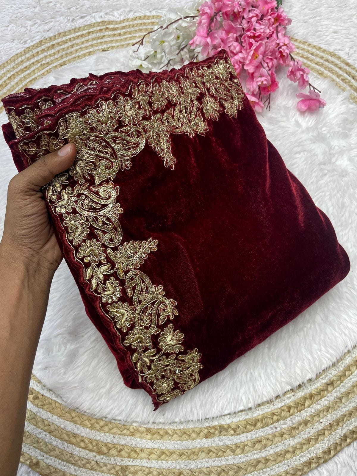 9000 Velvet with designer sequence Embroidery jari C-pallu work and cutwork