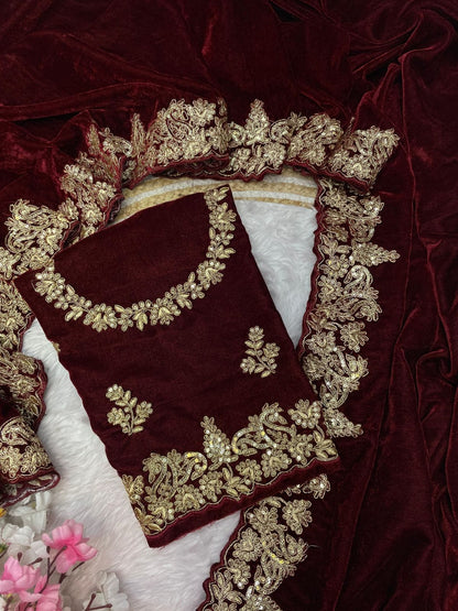 9000 Velvet with designer sequence Embroidery jari C-pallu work and cutwork