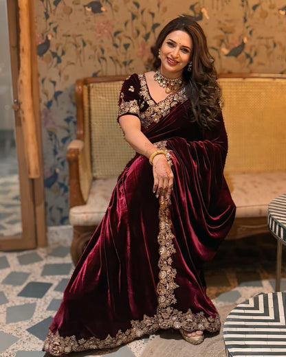 9000 Velvet with designer sequence Embroidery jari C-pallu work and cutwork