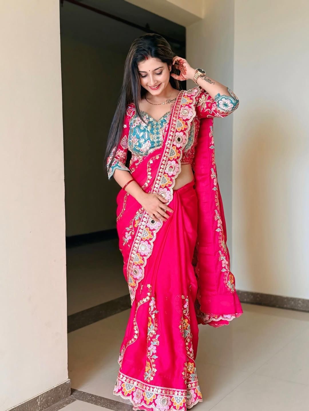 Rangoli silk fabric with sequence with   stich  blouse