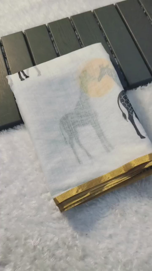 Pure Soft Linen Cotton digital print with jari piping saree

( JP47)