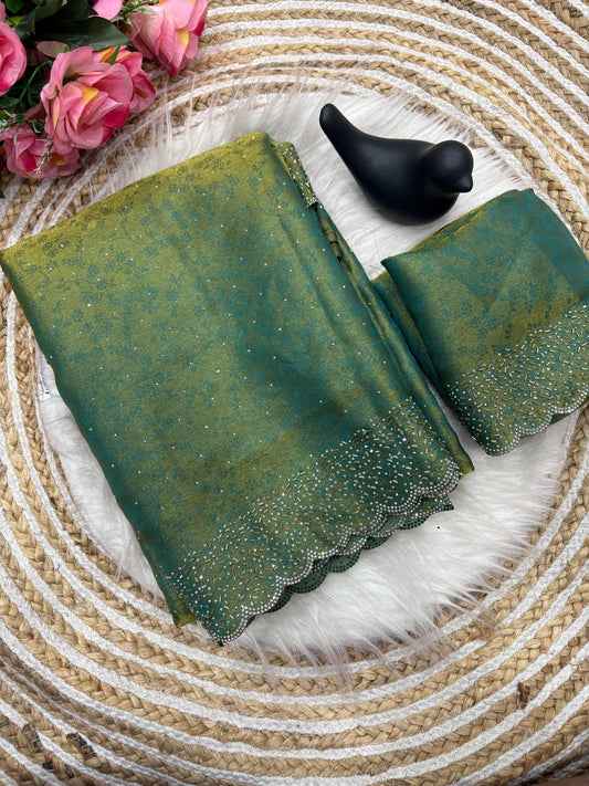 Fandy satin saree with self weaving zari pattern in body with all over siroski border and running blouse with siroski bord