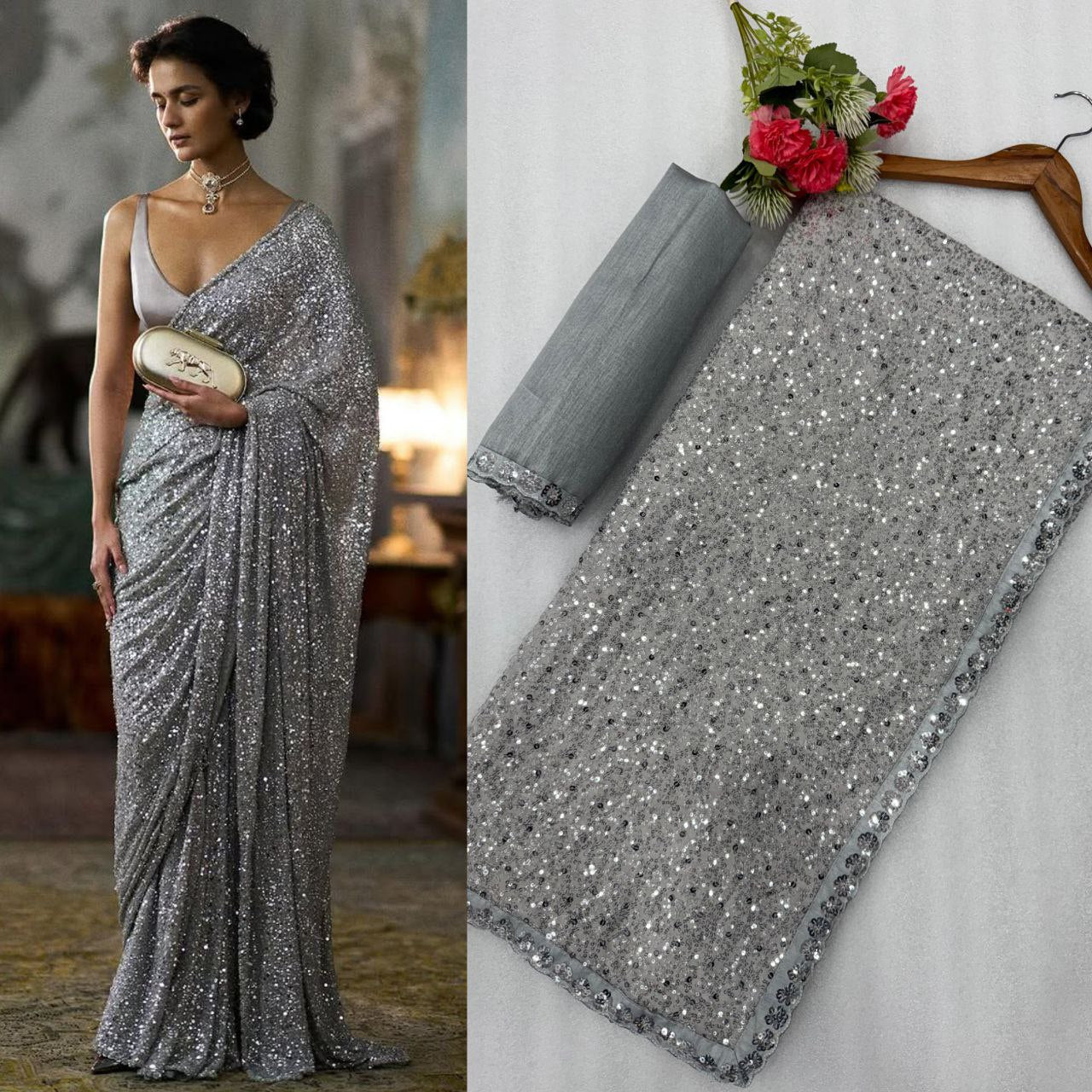 Full Saree Of FAUX Georgette With Heavy 5MM & 3MM Khichdi Sequence Embrodery Work

( JP42)