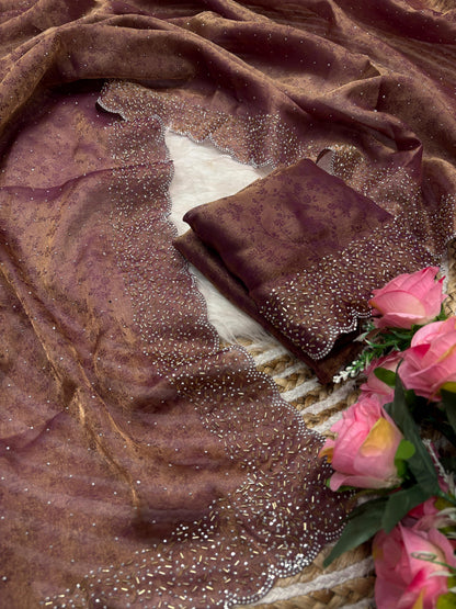 Fandy satin saree with self weaving zari pattern in body with all over siroski border and running blouse with siroski bord