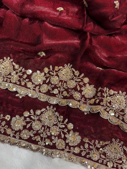 Pure Space Silk With Beautiful Original Gold Beeads Work with Cut work border
