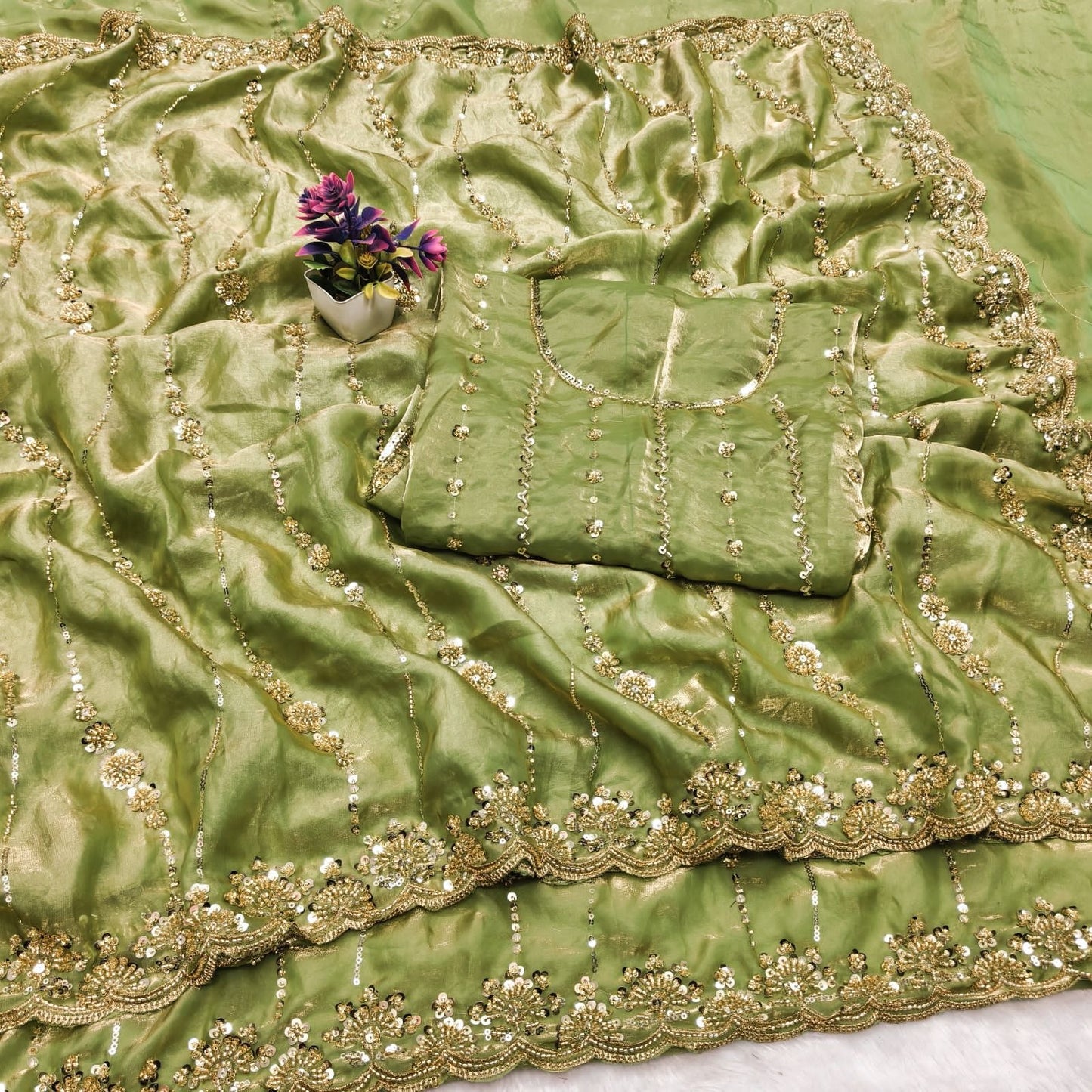Pure Space Silk With Beautiful Original Gold Beeds Work with Cut work border*