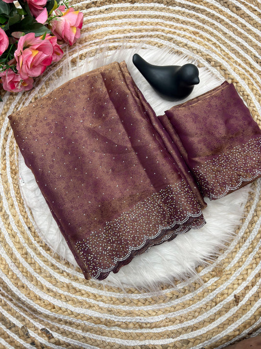 Fandy satin saree with self weaving zari pattern in body with all over siroski border and running blouse with siroski bord