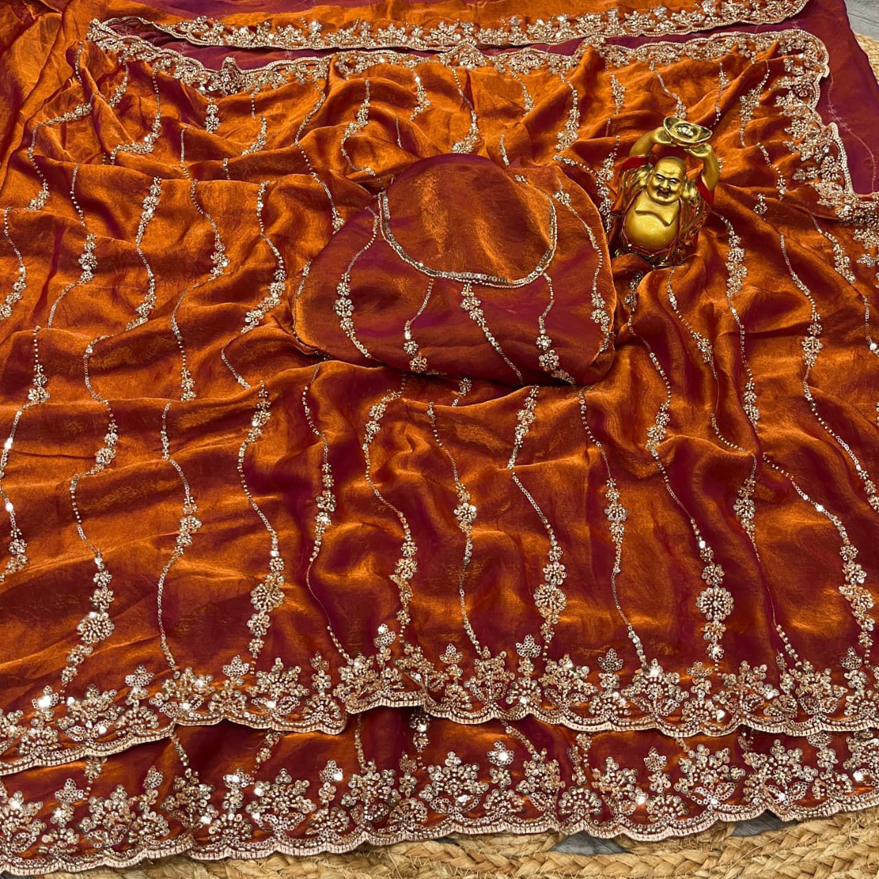 Pure Space Silk With Beautiful Original Gold Beeds Work with Cut work border*