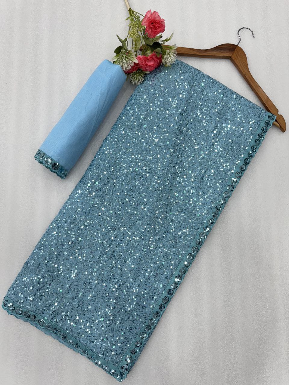 Full Saree Of FAUX Georgette With Heavy 5MM & 3MM Khichdi Sequence Embrodery Work

( JP42)