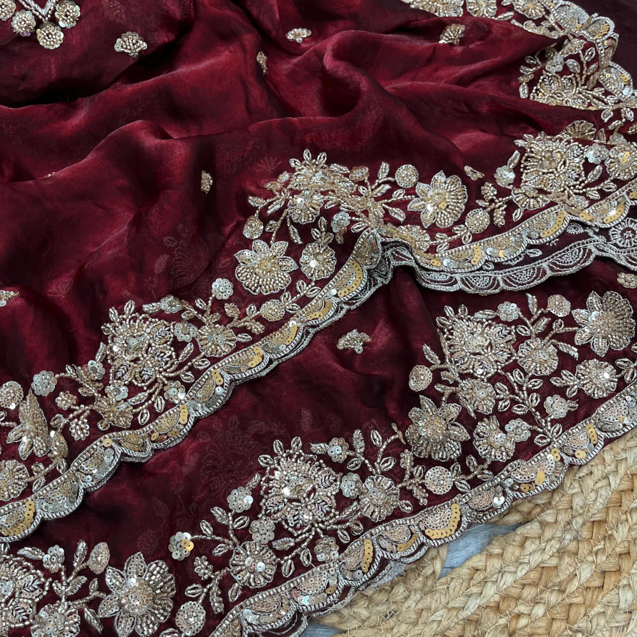 Pure Space Silk With Beautiful Original Gold Beeads Work with Cut work border