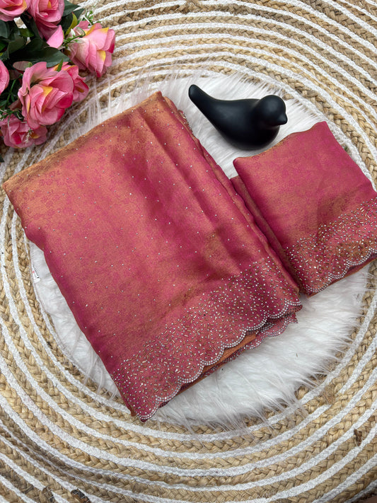 Fandy satin saree with self weaving zari pattern in body with all over siroski border and running blouse with siroski bord