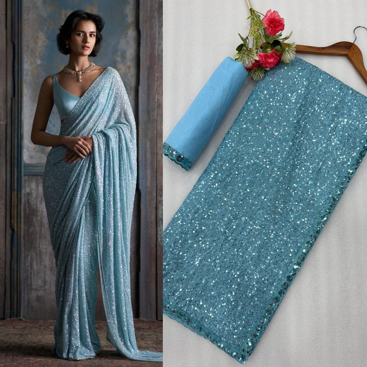Full Saree Of FAUX Georgette With Heavy 5MM & 3MM Khichdi Sequence Embrodery Work

( JP42)