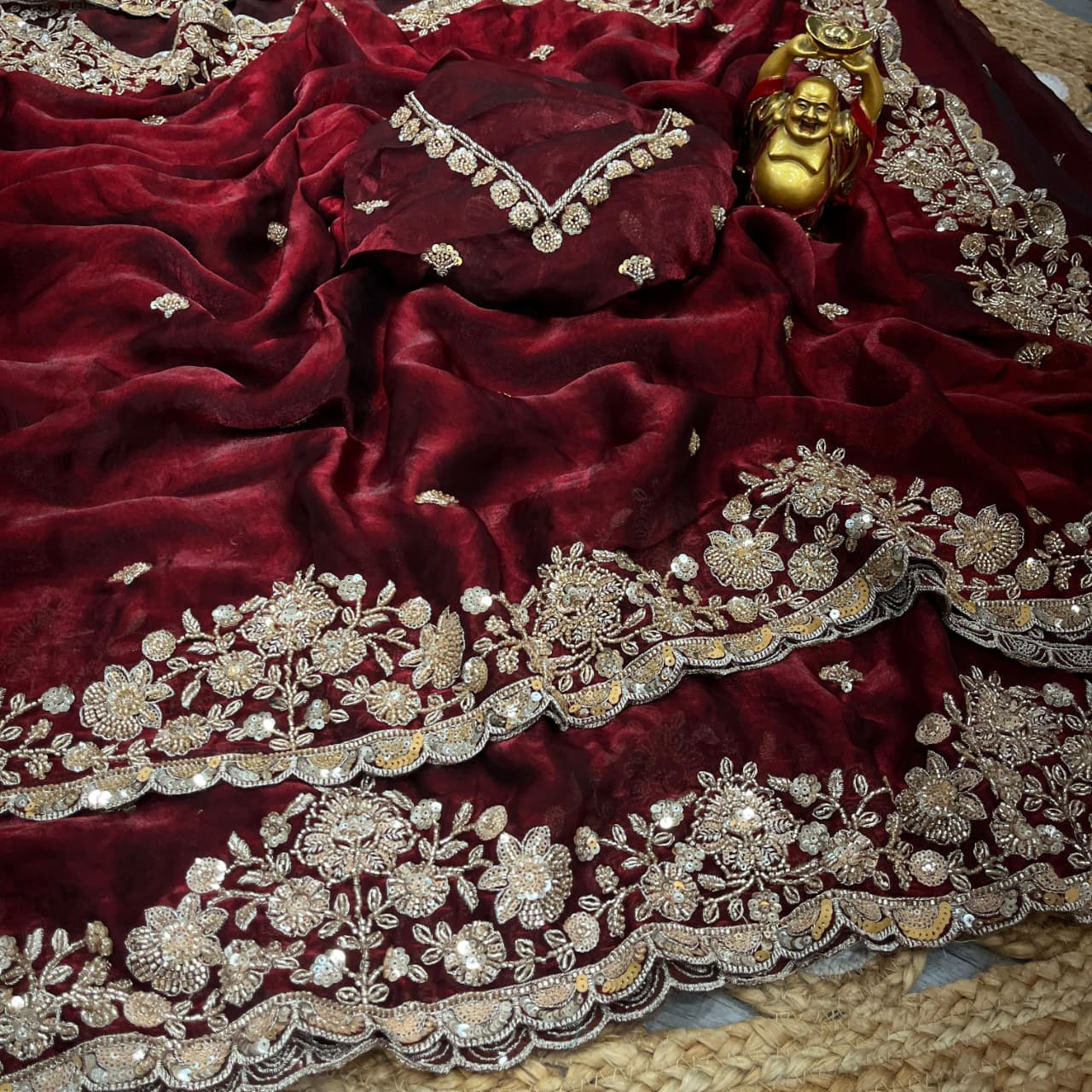 Pure Space Silk With Beautiful Original Gold Beeads Work with Cut work border