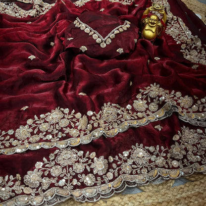 Pure Space Silk With Beautiful Original Gold Beeads Work with Cut work border