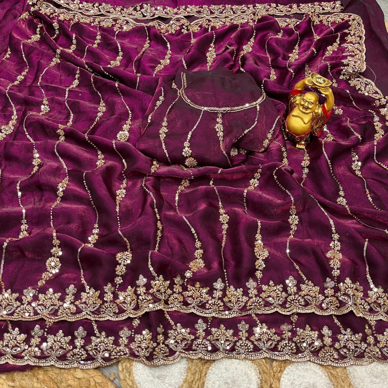 Pure Space Silk With Beautiful Original Gold Beeds Work with Cut work border*