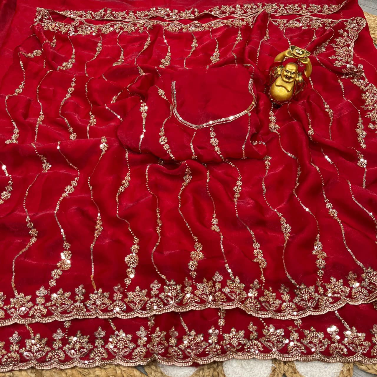 Pure Space Silk With Beautiful Original Gold Beeds Work with Cut work border*