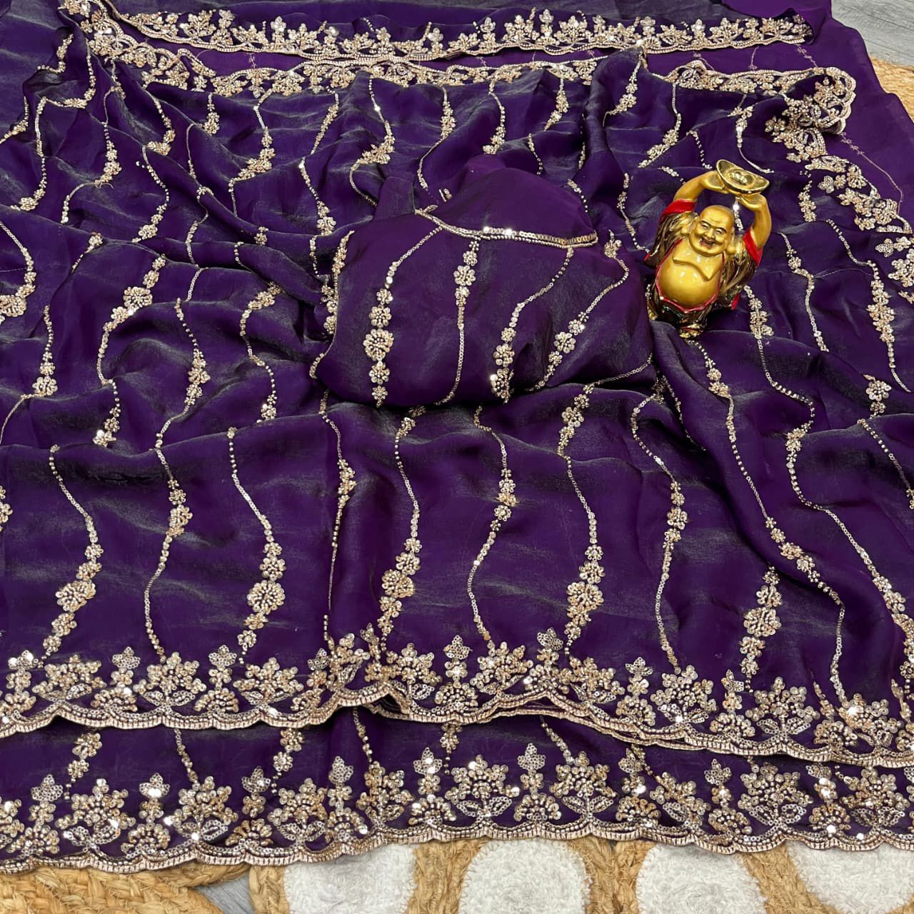 Pure Space Silk With Beautiful Original Gold Beeds Work with Cut work border*