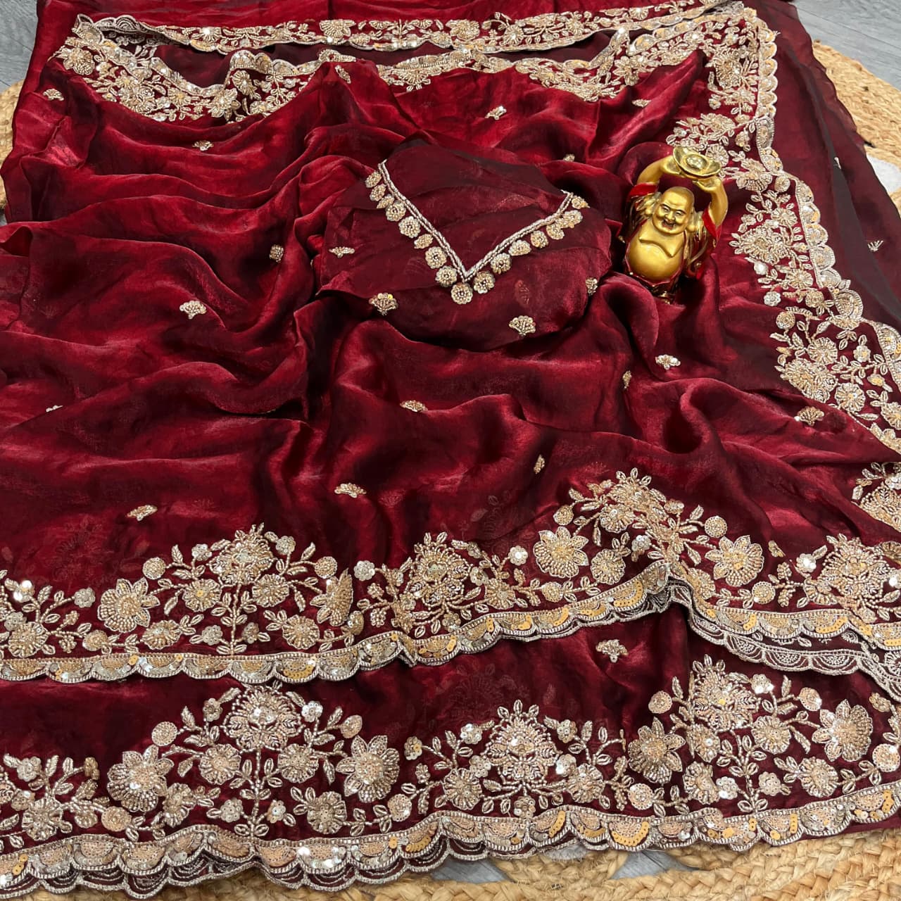 Pure Space Silk With Beautiful Original Gold Beeads Work with Cut work border