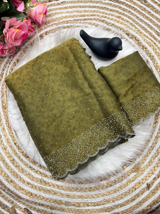 Fandy satin saree with self weaving zari pattern in body with all over siroski border and running blouse with siroski bord