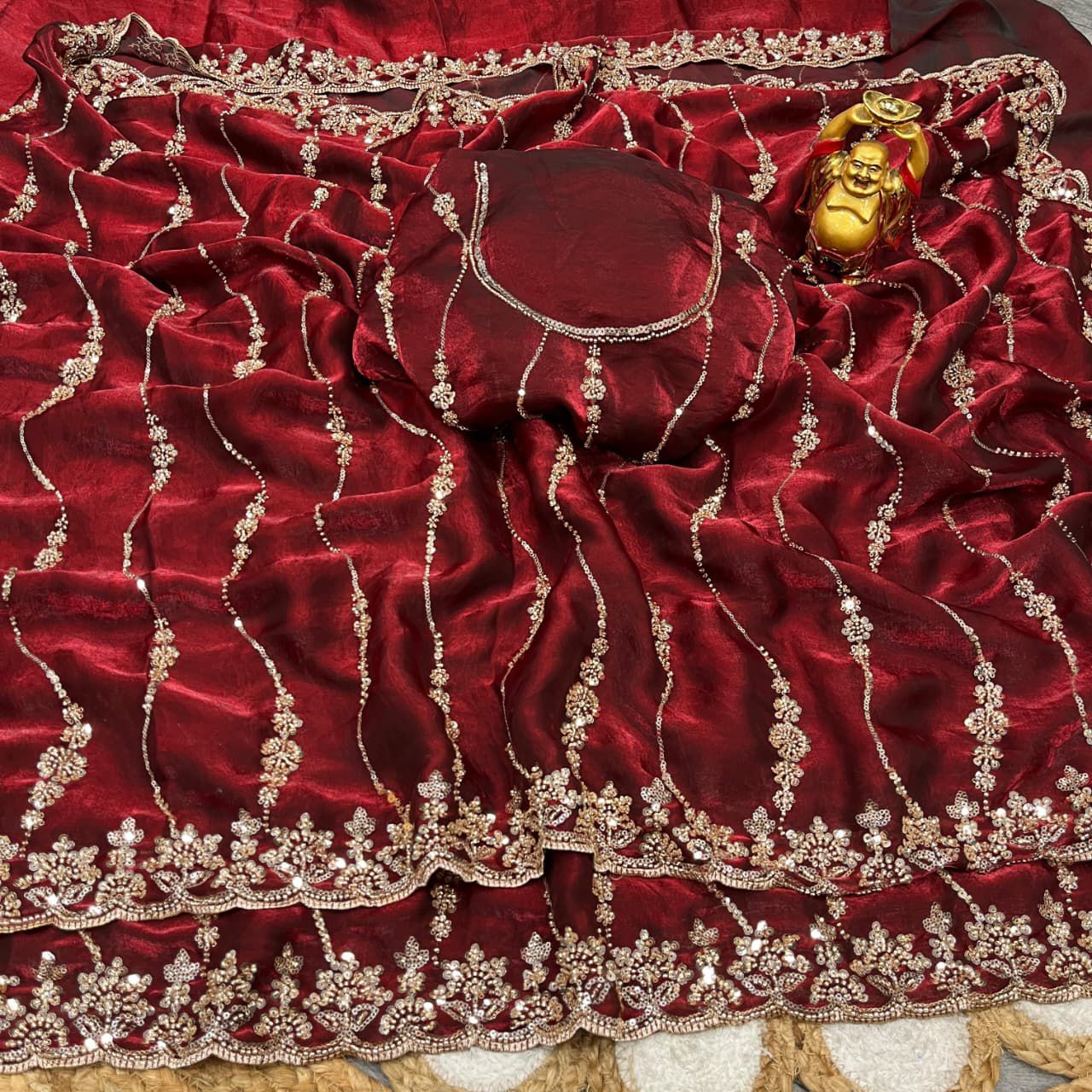 Pure Space Silk With Beautiful Original Gold Beeds Work with Cut work border*