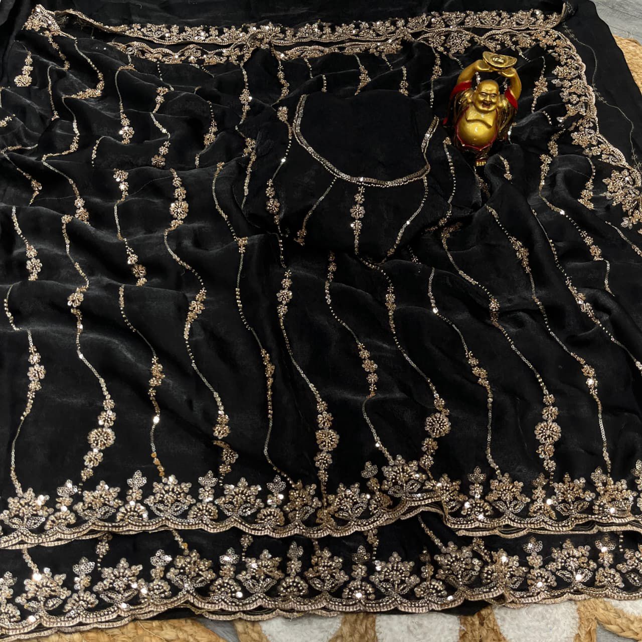 Pure Space Silk With Beautiful Original Gold Beeds Work with Cut work border*