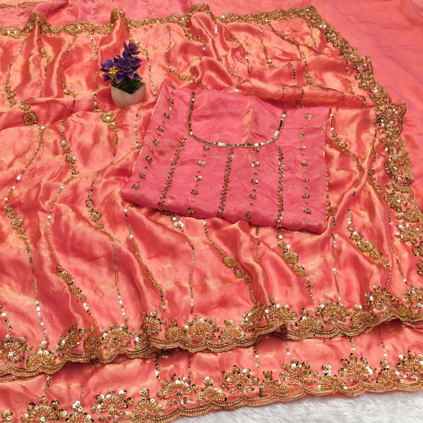 Pure Space Silk With Beautiful Original Gold Beeds Work with Cut work border*