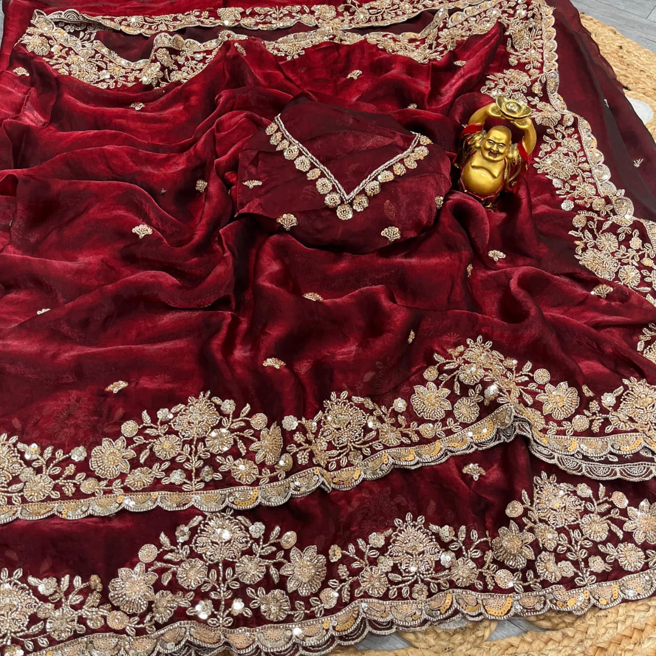 Pure Space Silk With Beautiful Original Gold Beeads Work with Cut work border