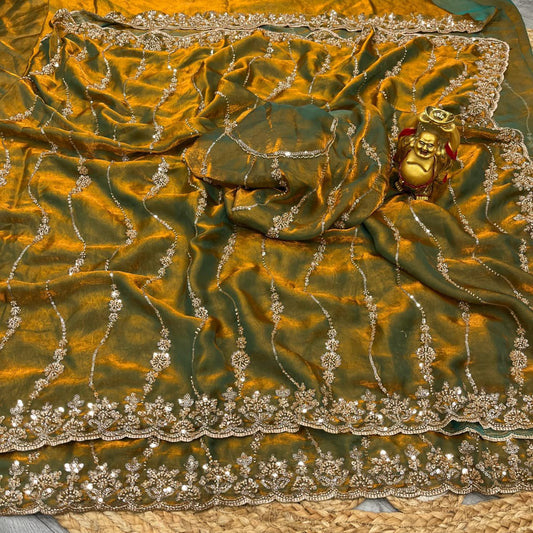 Pure Space Silk With Beautiful Original Gold Beeds Work with Cut work border*