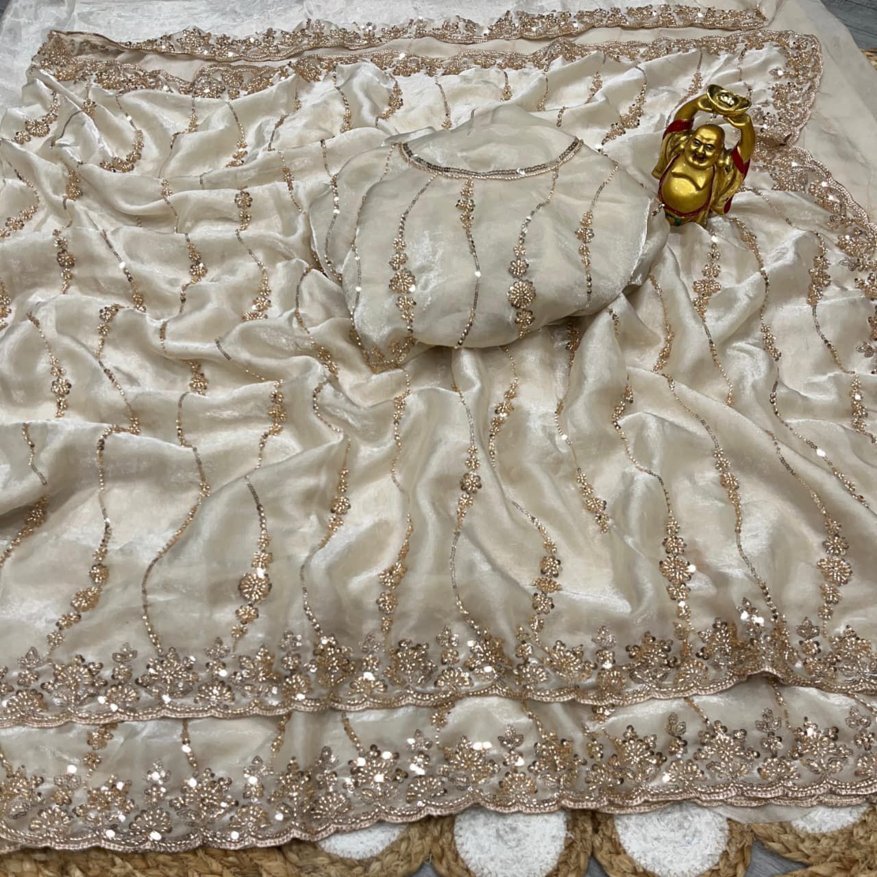 Pure Space Silk With Beautiful Original Gold Beeds Work with Cut work border*