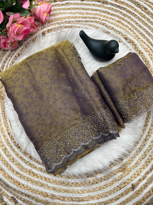 Fandy satin saree with self weaving zari pattern in body with all over siroski border and running blouse with siroski bord