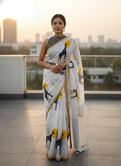 Pure Soft Linen Cotton digital print with jari piping saree

( JP47)