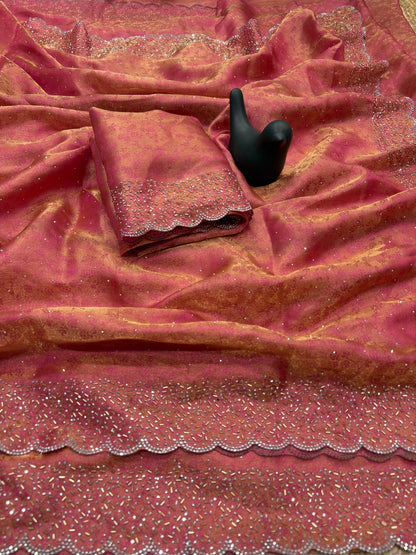 Fandy satin saree with self weaving zari pattern in body with all over siroski border and running blouse with siroski bord
