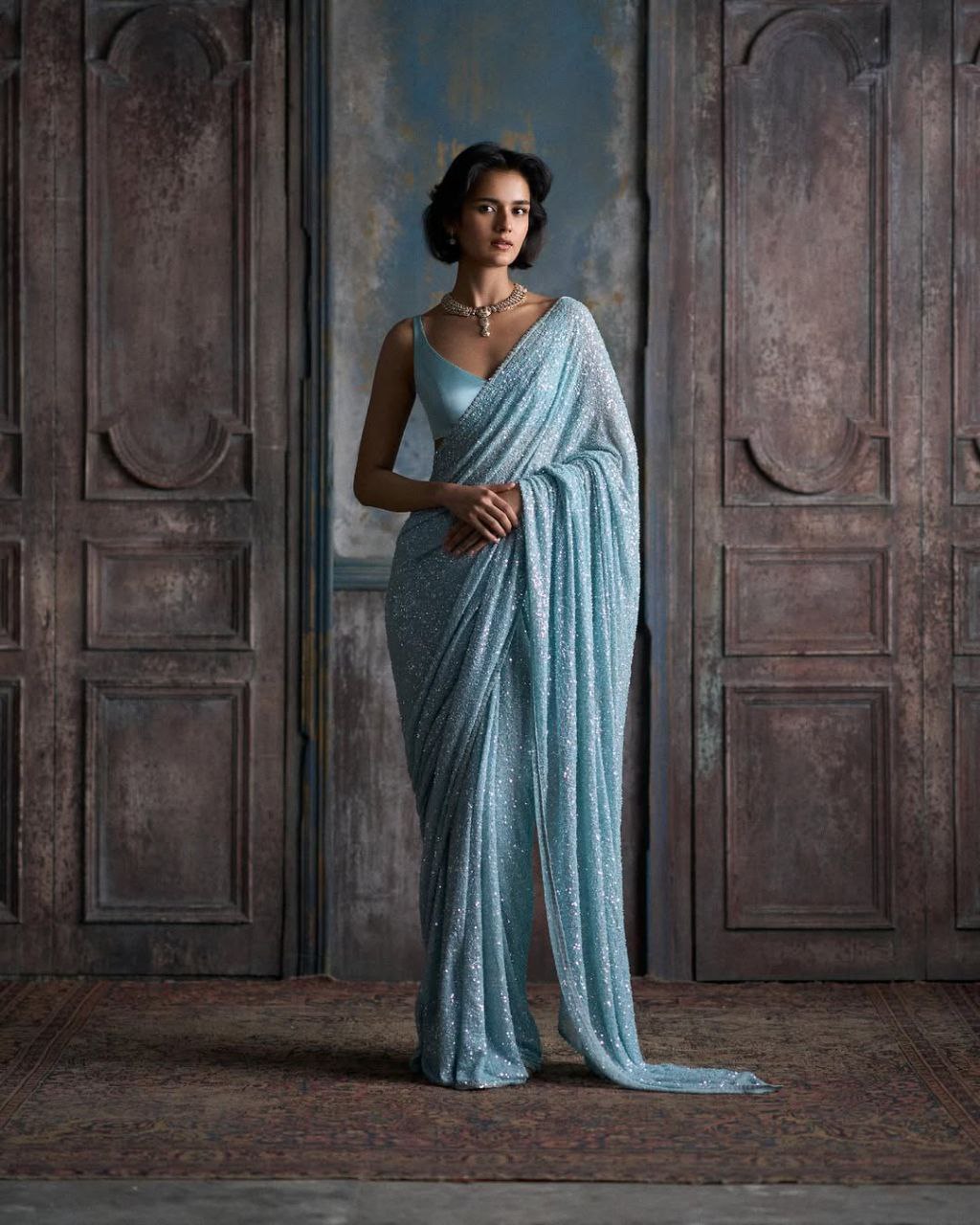 Full Saree Of FAUX Georgette With Heavy 5MM & 3MM Khichdi Sequence Embrodery Work

( JP42)