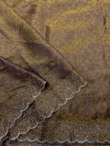 Fandy satin saree with self weaving zari pattern in body with all over siroski border and running blouse with siroski bord