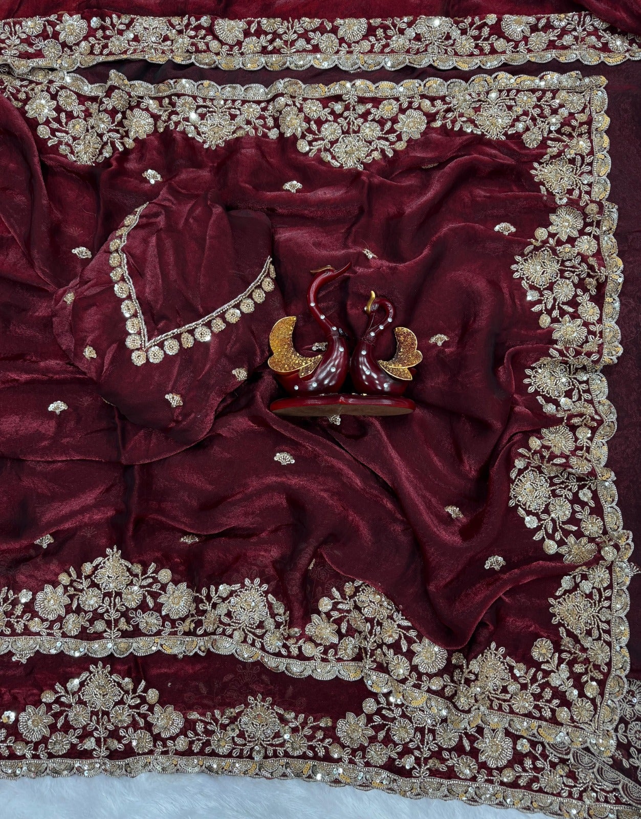 Pure Space Silk With Beautiful Original Gold Beeads Work with Cut work border