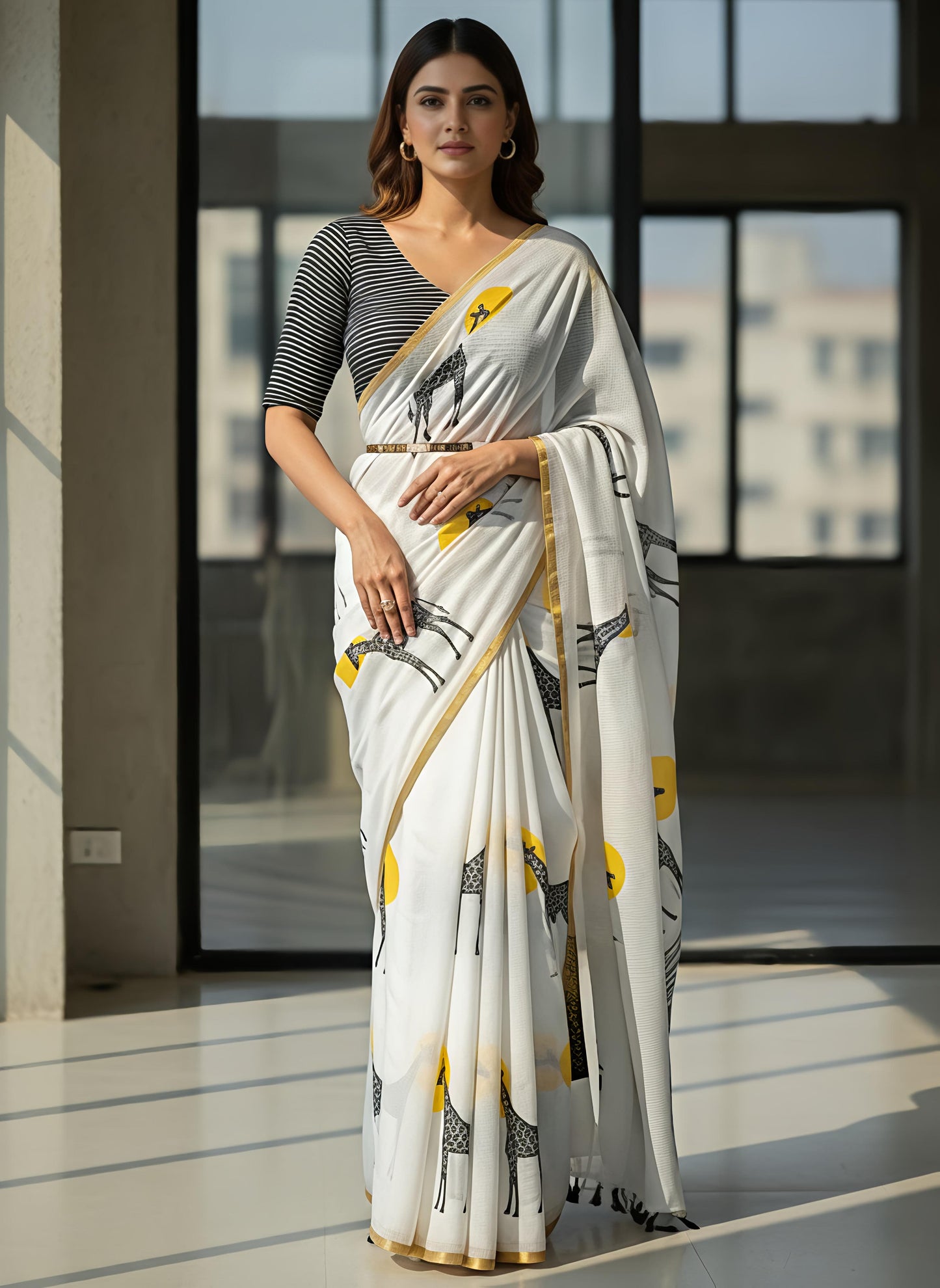Pure Soft Linen Cotton digital print with jari piping saree

( JP47)
