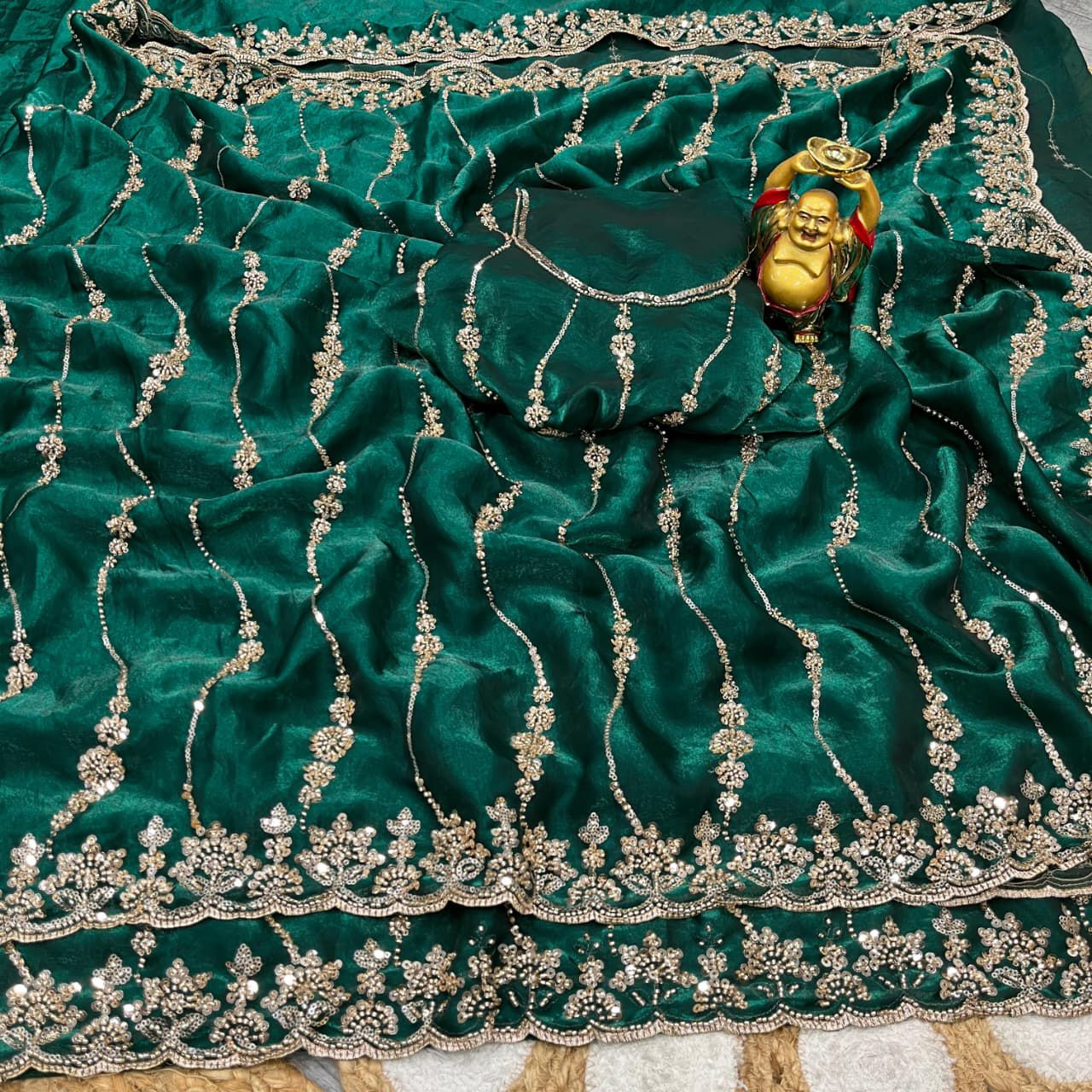 Pure Space Silk With Beautiful Original Gold Beeds Work with Cut work border*