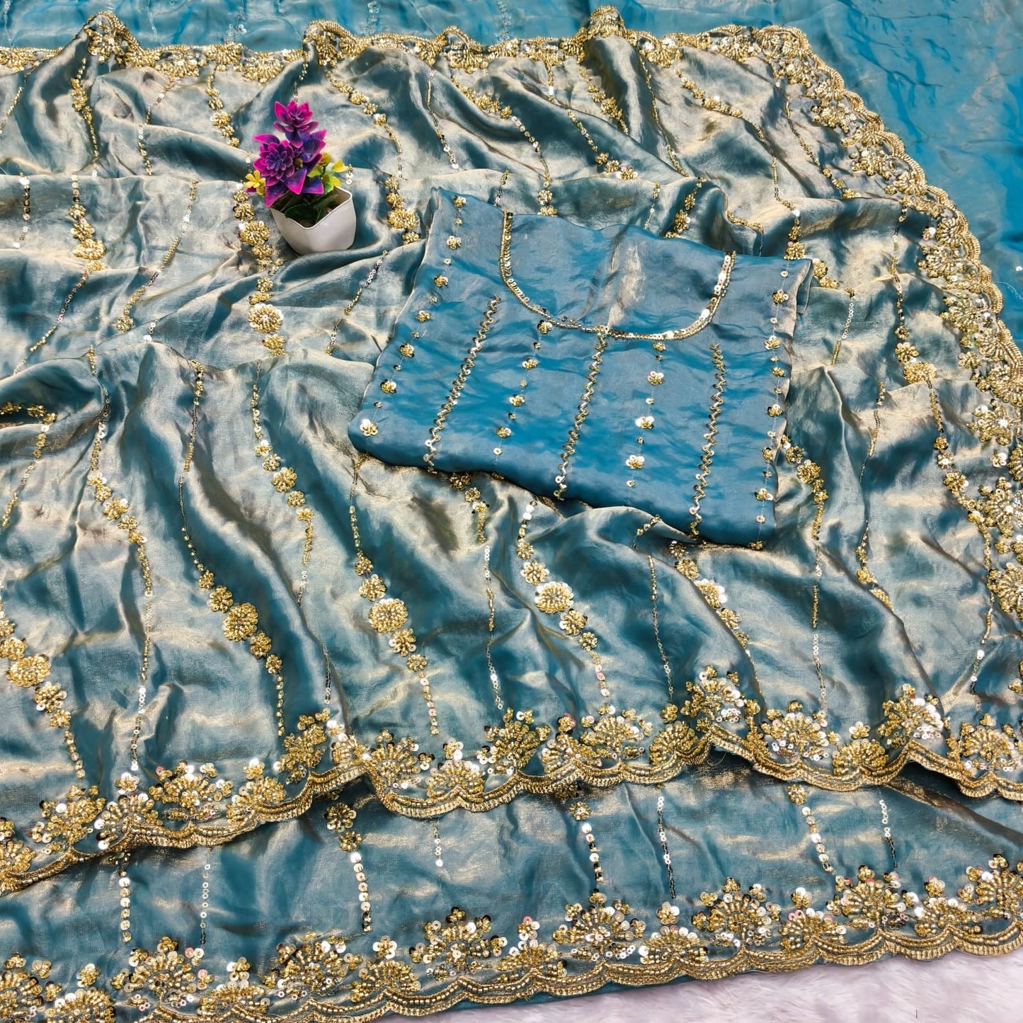 Pure Space Silk With Beautiful Original Gold Beeds Work with Cut work border*