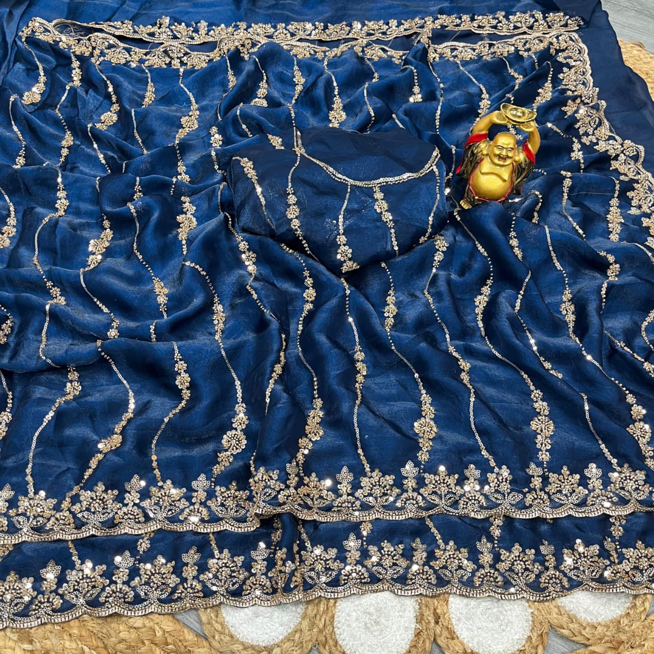 Pure Space Silk With Beautiful Original Gold Beeds Work with Cut work border*