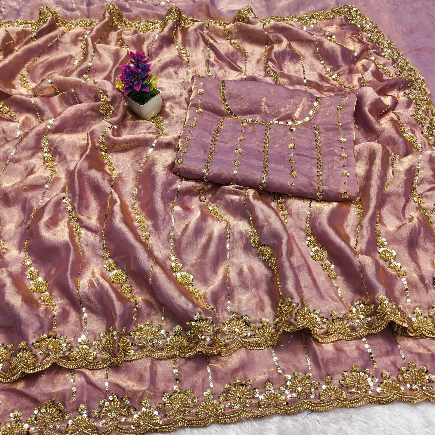 Pure Space Silk With Beautiful Original Gold Beeds Work with Cut work border*