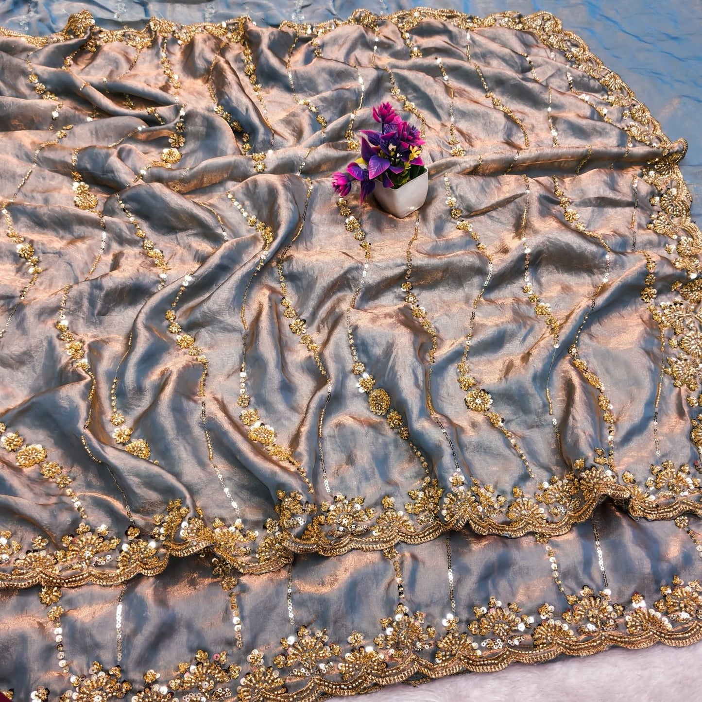 Pure Space Silk With Beautiful Original Gold Beeds Work with Cut work border*