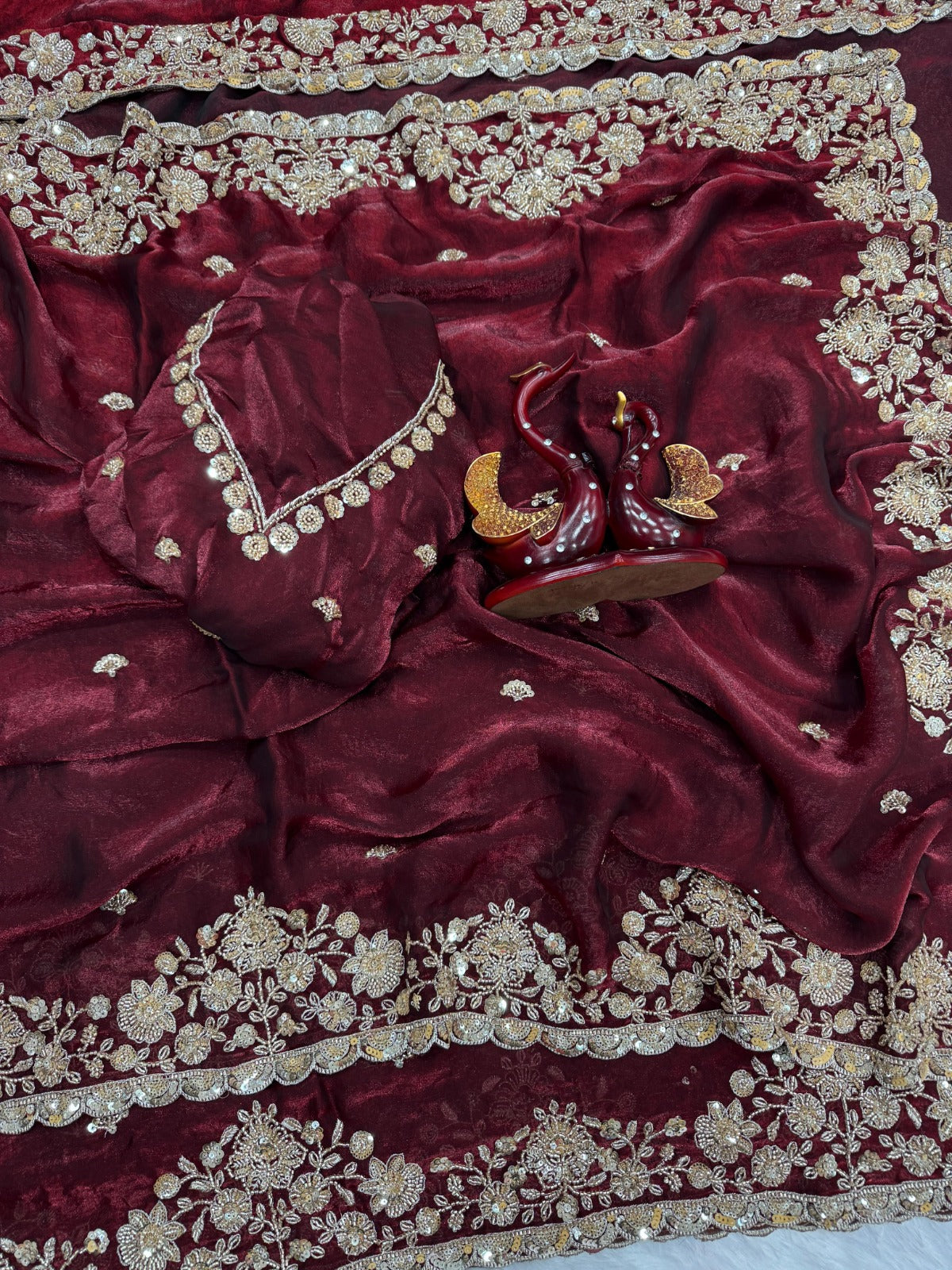 Pure Space Silk With Beautiful Original Gold Beeads Work with Cut work border