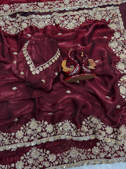 Pure Space Silk With Beautiful Original Gold Beeads Work with Cut work border