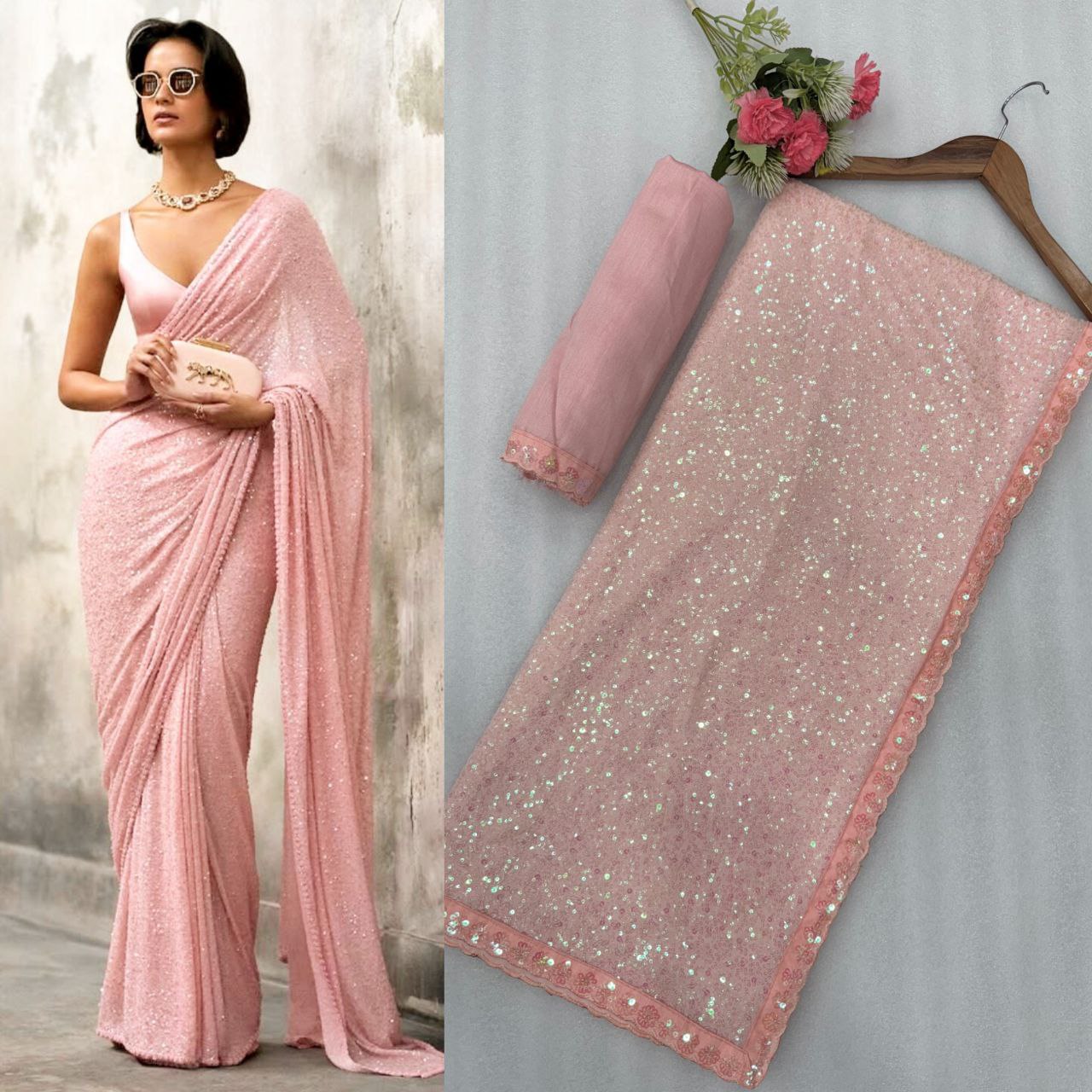 Full Saree Of FAUX Georgette With Heavy 5MM & 3MM Khichdi Sequence Embrodery Work

( JP42)