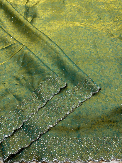 Fandy satin saree with self weaving zari pattern in body with all over siroski border and running blouse with siroski bord